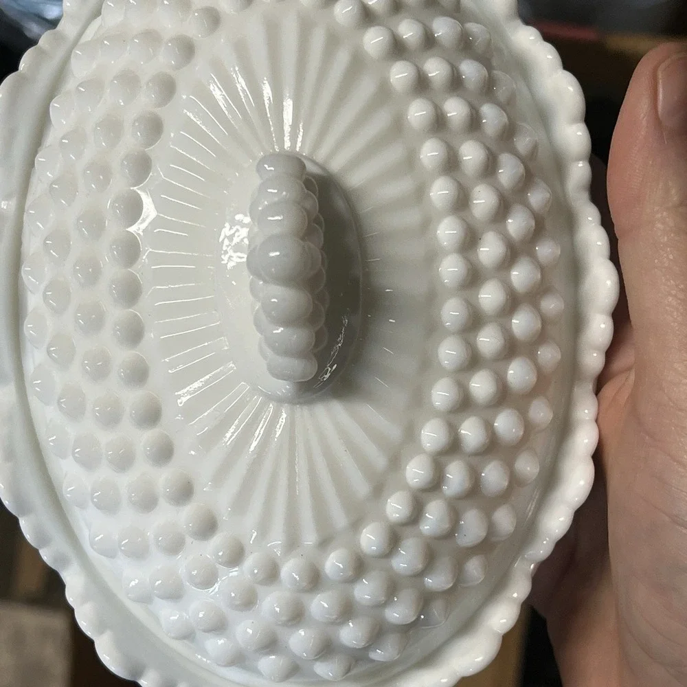 VTG Fenton White Milk Glass Hobnail Oval Footed‎ Covered Candy Dish with Lid